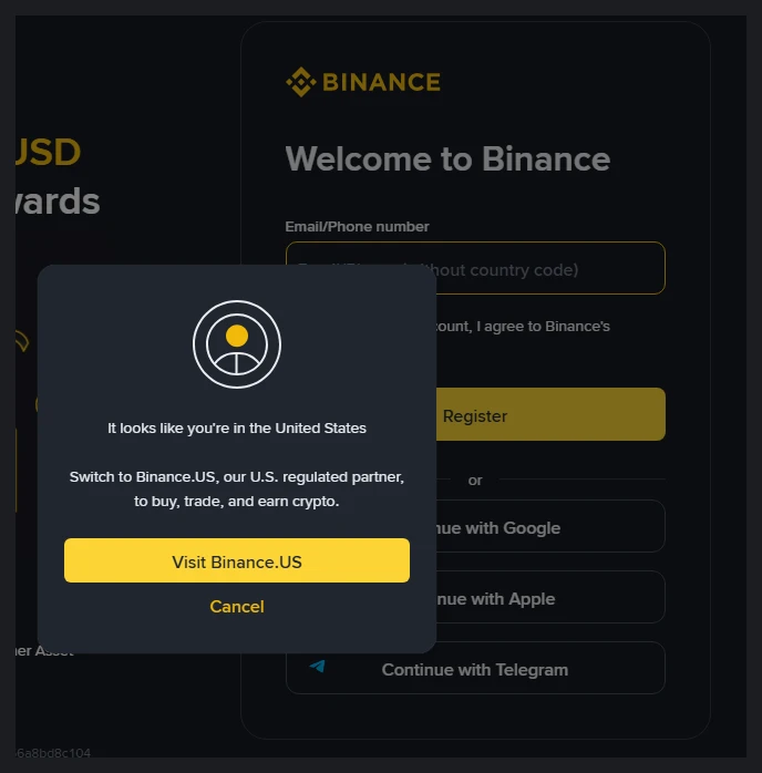 The Binance sign-up page showing a dialog that reads "It looks like you're in the United States" and offers to switch to Binance.US